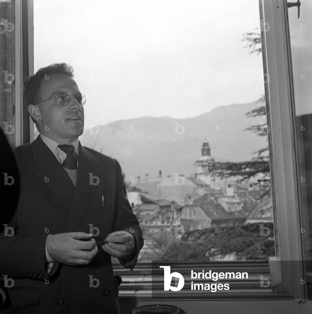 Italian politician Alfons Benedikter, founder of the South Tyrolean People's Party, speaking during the regional election in Trentino-Alto Adige/Sudtirol, Italy, November 1952 (b/w photo)