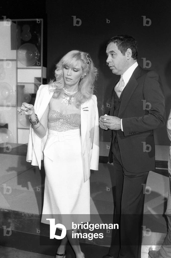 Amanda Lear in a TV show, Italy, 1979 (b/w photo)