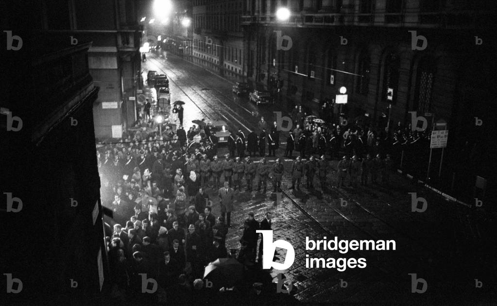On the occasion of the opening night at La Scala, in via Manzoni the Police trying to contain the demonstrator taken on the street, Milan, 7th December 1968 (b/w photo)