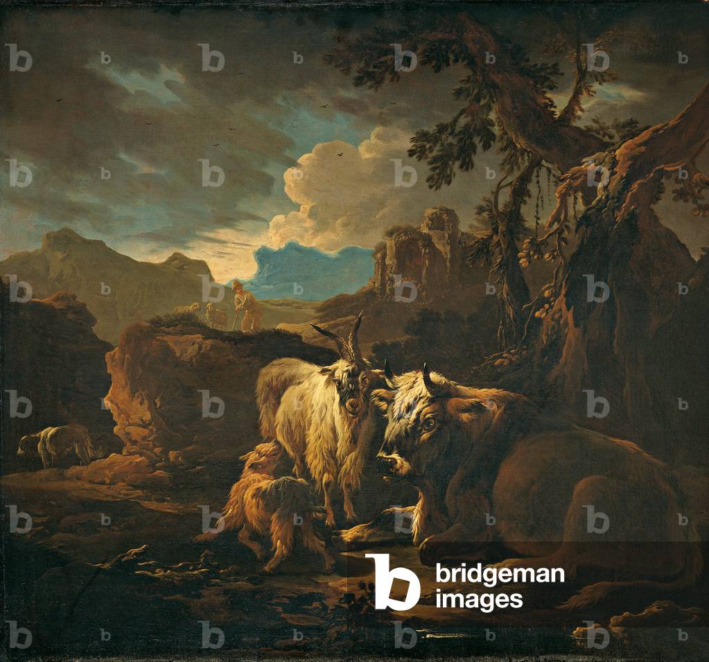 Cattle and Goats in a Landscape, by Anonymous related to Philipp Peter Roos also called Rosa from Tivoli, ca. 1690 - 1710, 18th Century, oil on canvas, 99 x 107 cm