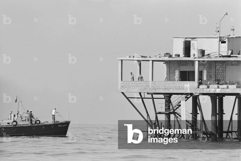 The steel platform off the coast of Rimini, Italy, 1968 (b/w photo)