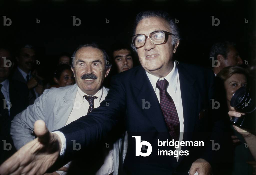 Federico Fellini and Tonino Guerra smiling