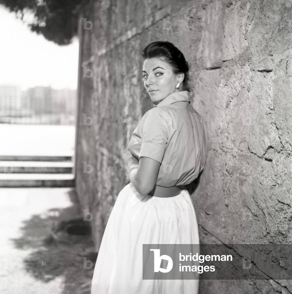 Joan Collins in Rome, Italy, 1957 (b/w photo)