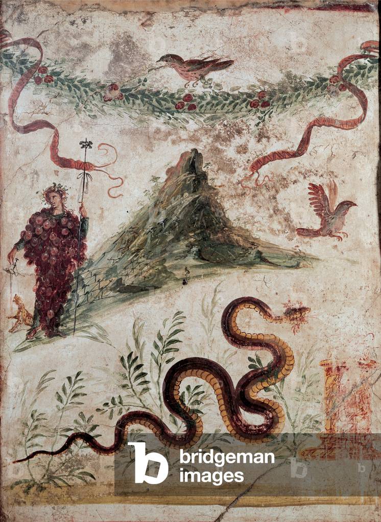 Unknown artist, Bacchus and the Vesuvius, 79, in the house of the Centenario, Italy, Campania,1st Century, mural (fresco)