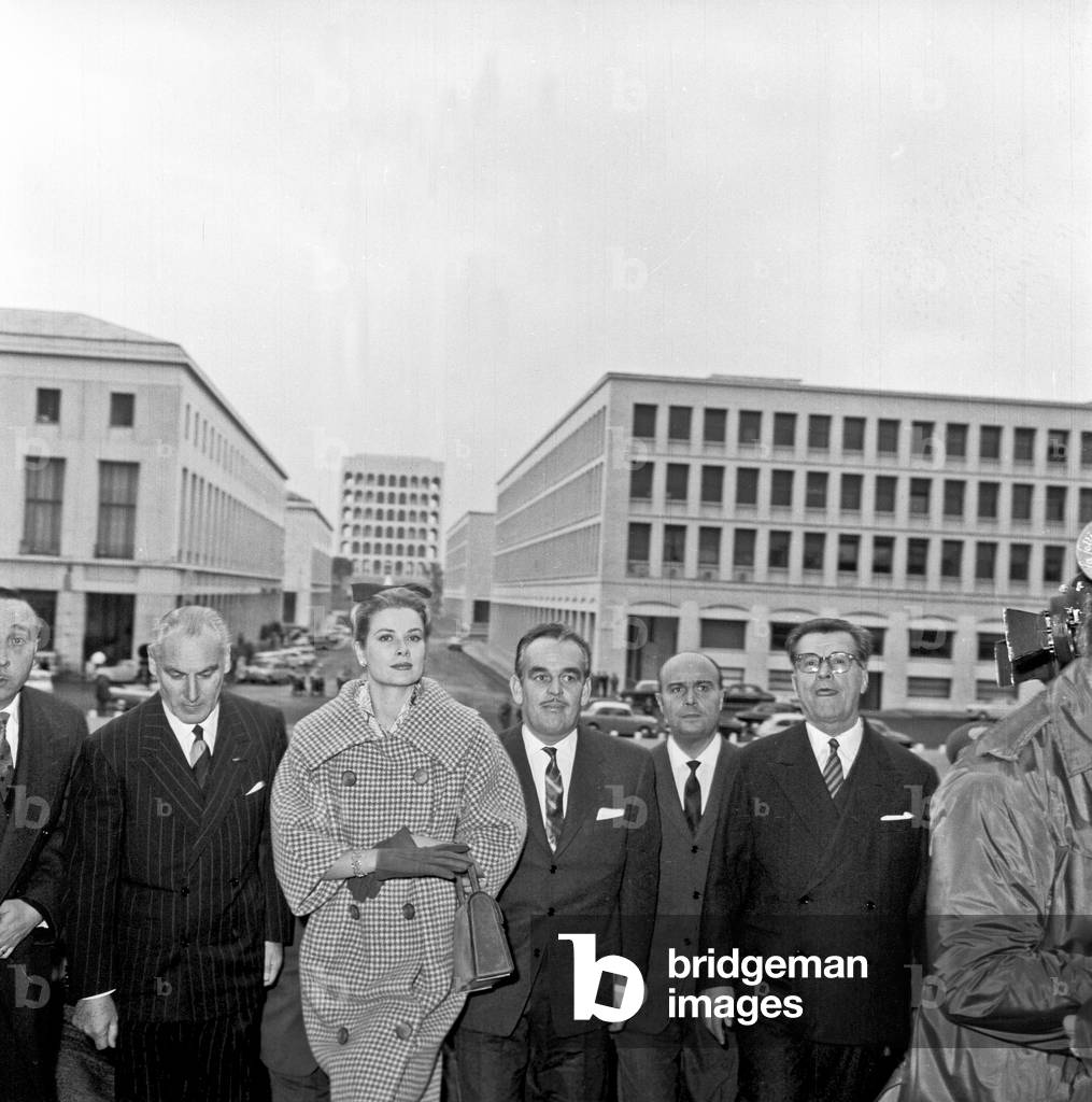 Rainier III and Grace Kelly visiting Rome, Rome, Italy, 1959 (b/w photo)
