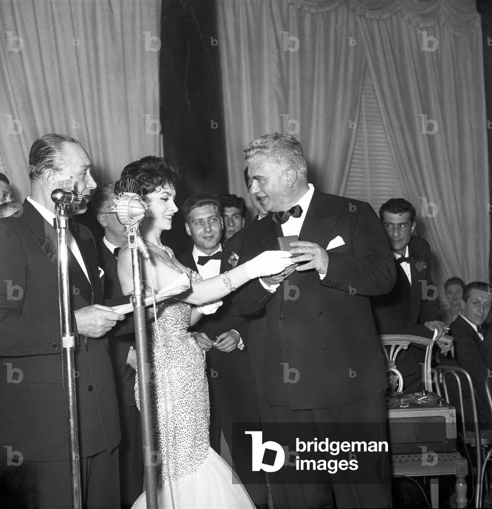 Gina Lollobrigida and Gino Cervi at the Gran Gala  del Cinema, Italy, 1956 (b/w photo)