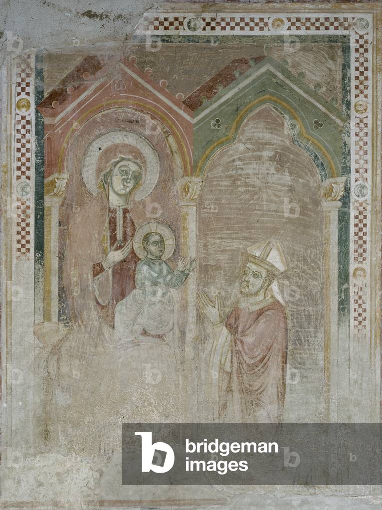 Virgin and Child in throne with a devout abbot (Vergine in trono con Bambino e un abate devoto), by Lombard painter, 13th Century, fresco