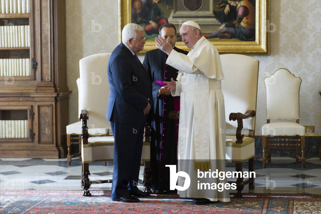 Pope Francis (Jorge Mario Bergoglio) meeting the President of Palestine Abu Mazen (Mahmud Abbas) in the Private Library of the Apostolic Palace, Vatican City, 14th January 2017 (b/w photo)