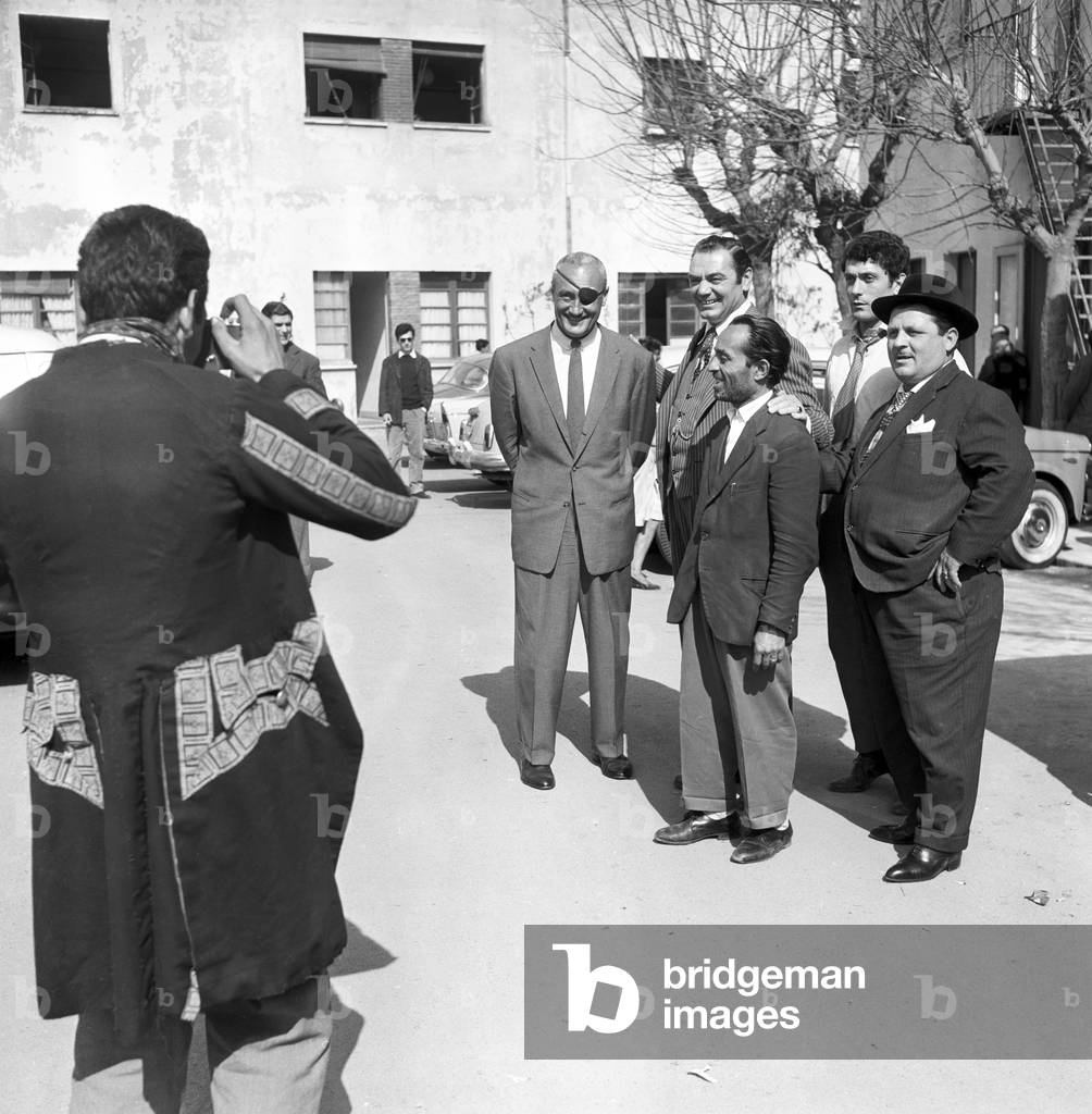 Ernest Borgnine and David Opatoshu on the set of the film The King of Poggioreale, Italy, 1961 (b/w photo)