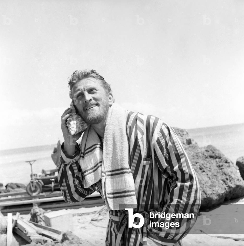 Kirk Douglas on the film set of Ulysses, Italy, 1953 (b/w photo)