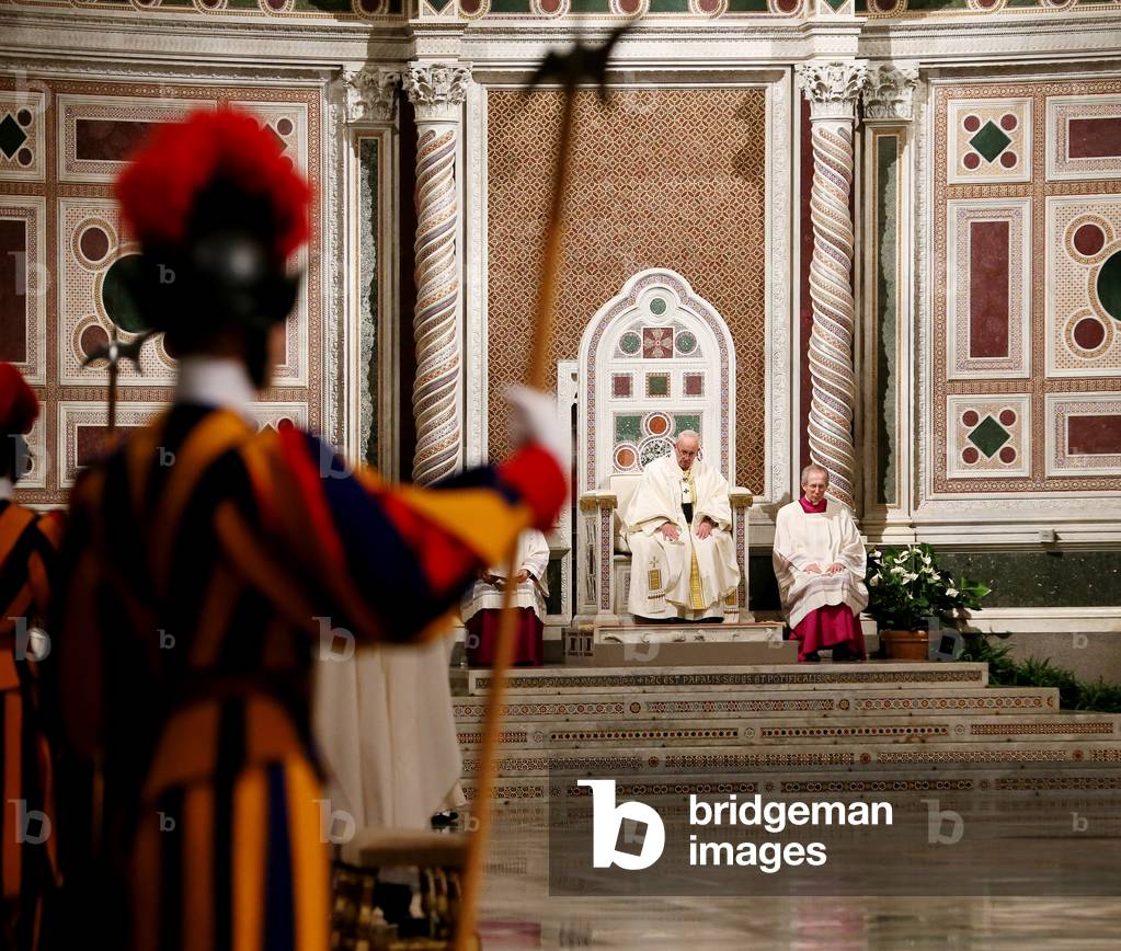 Pope Francis (Jorge Mario Bergoglio) chairing the Holy Mass for the Jubilee of the 800 years of the foundation of the Order of Preachers - the Dominicans - at the Basilica of San Giovanni in Laterano, Rome, Italy, 21st January 2017 (b/w photo)