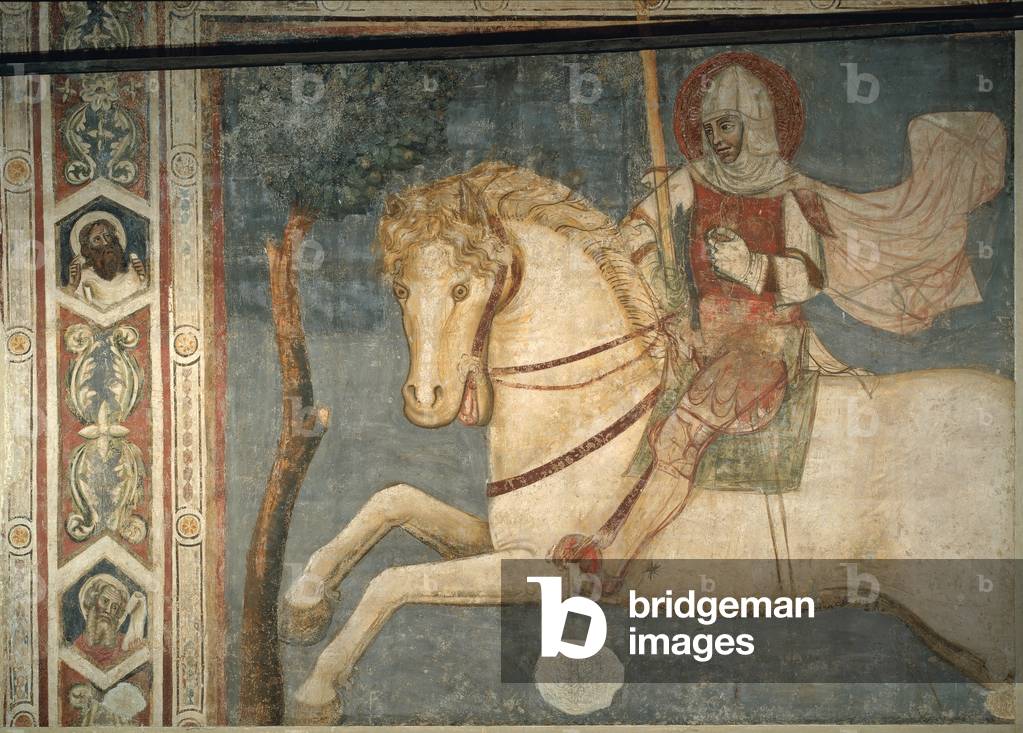 Saint Alexander on horseback with busts of profets on the painted cornice (Sant'Alessandro a cavallo entro cornice con busti di profeti), by Master of 1336, 14th Century, detached fresco, 480 x 430 cm
