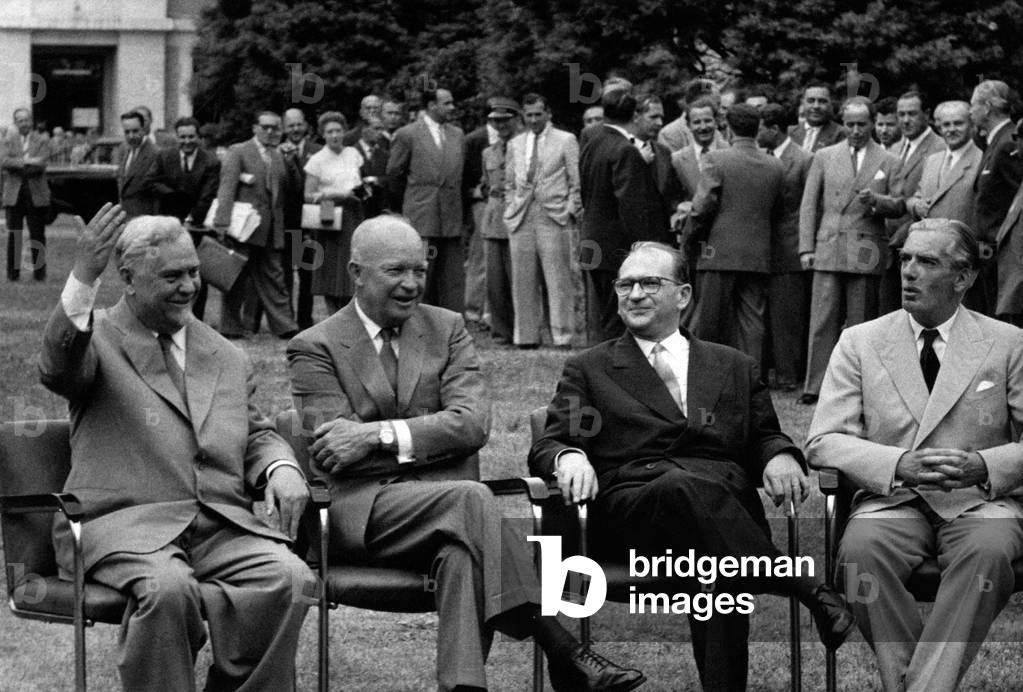 Edgar Faure, Robert Anthony Eden, Nikolai Alexandrovich Bulganin, Dwight David Eisenhower at the Big Four Conference, Geneva, Switzerland