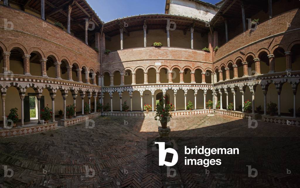Cloister, Abbey of Santissima Trinità and Santa Mustiola a Torri, Sovicille, Siena, Tuscany, Italy