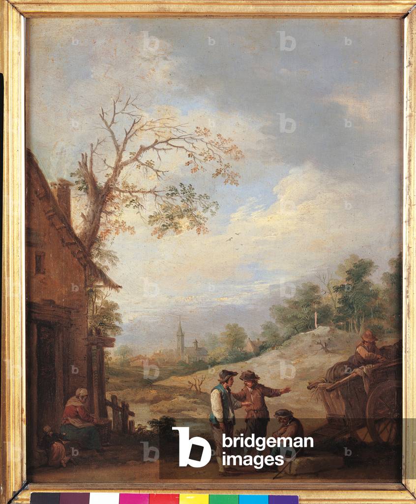 Landscape with Chatting Villagers (oil on copper)