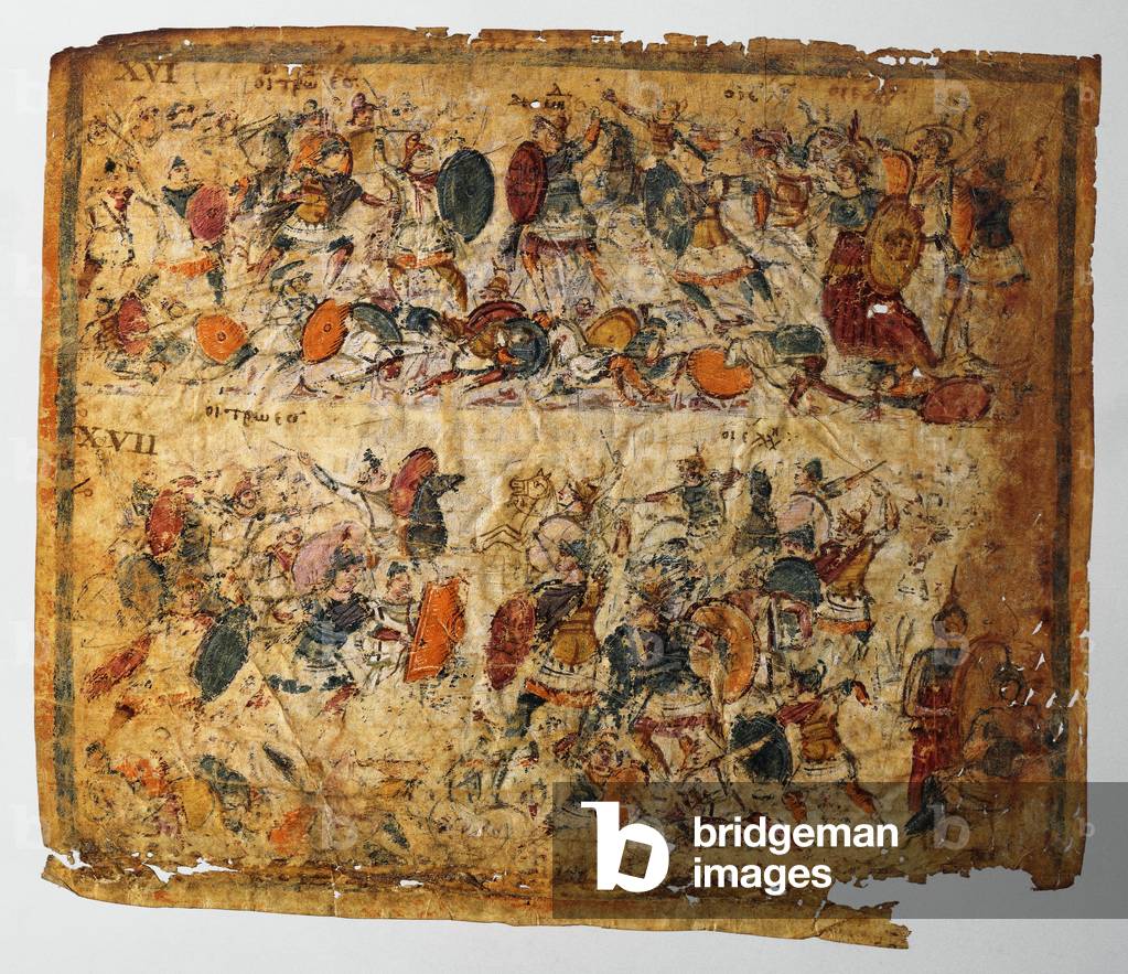 Fight from Book V: Diomedes wounding Phegeus helped by Athena. Athena holding Ares from the fight and Pandarus wounding Diomedes with an arrow