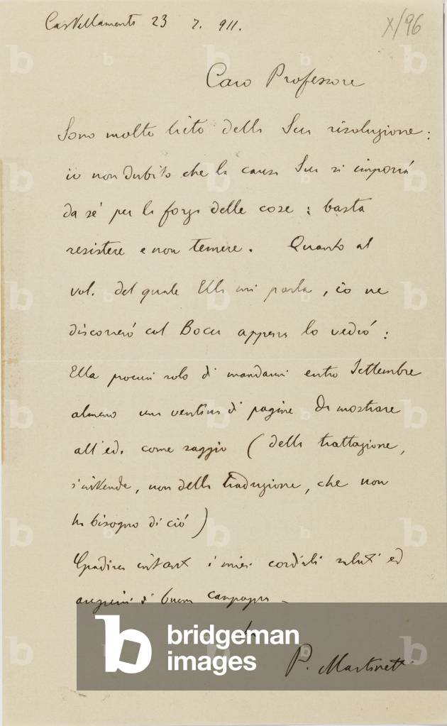 Letter from the philosopher Piero Martinetti to the historian Uberto Pestalozza (pen & ink)