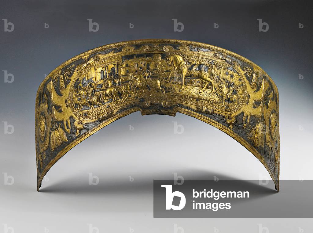 Ornamental Plate for Rear Arch of Parade Saddle, 1550-99 (embossed steel, gold & silver)