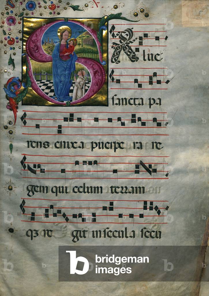 Illuminated page with initial depicting Madonna and Child