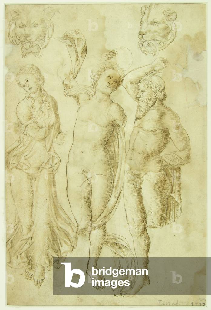 Scene with Pan and Two Maenads; Two Lion Heads