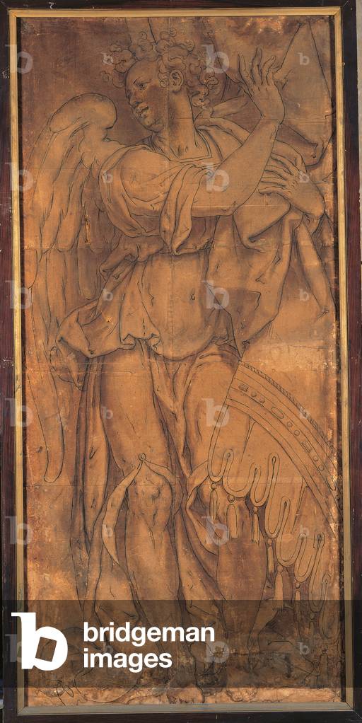 Angel Pulling aside the Curtain and Looking Left, c.1570-75 (ink & w/c on paper mounted on canvas)