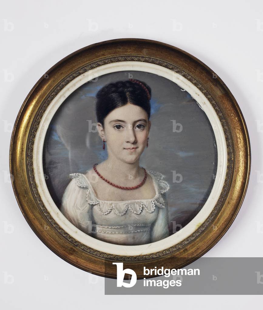 Portrait of Young Woman with White Dress and Coral Necklace