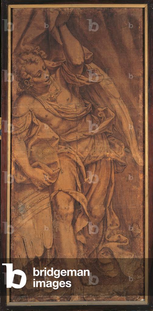 Angel Pulling aside the Curtain and Looking Right, c.1570-75 (ink & w/c on paper mounted on canvas)