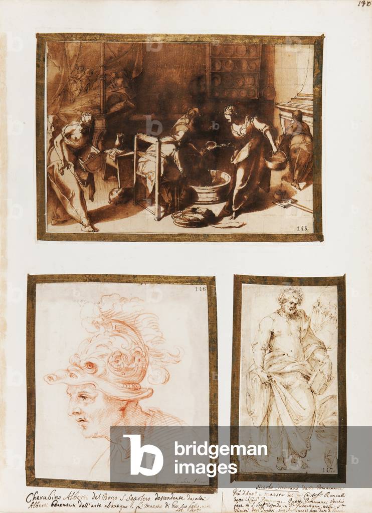 Birth of the Virgin, Bust of a Man Wearing the Helmet, An Evangelist and Other Studies