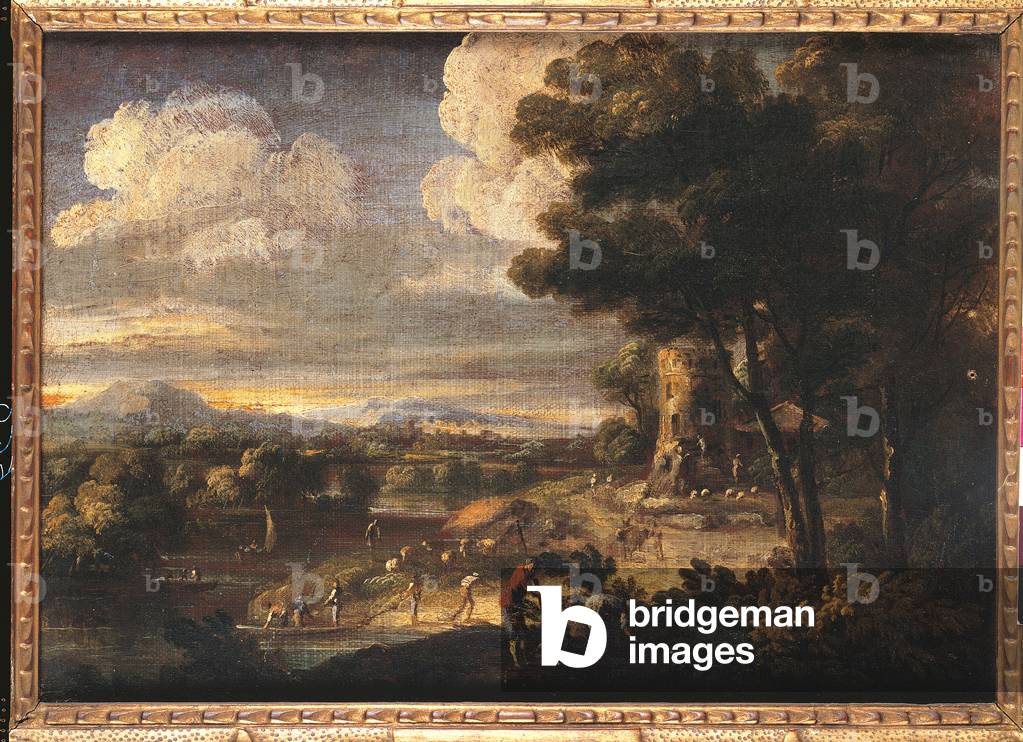 Landscape with Tower, Watercourse and Fishermen, 1690-1710 (oil on canvas)