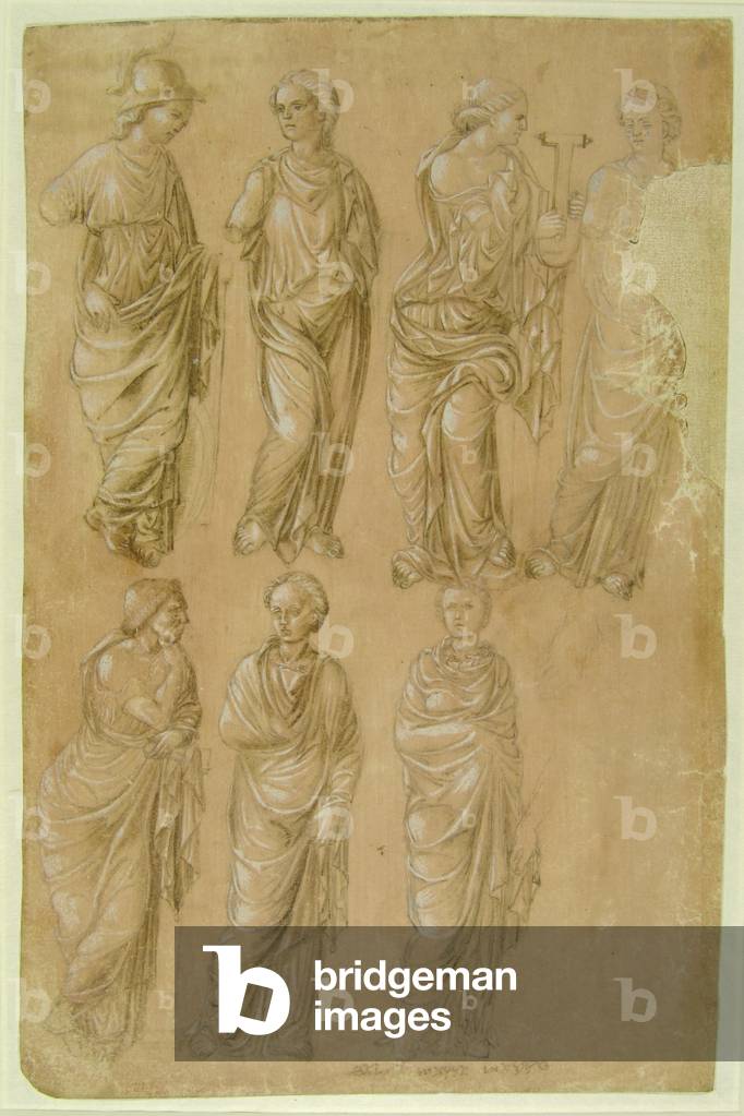 Drawing of Athena and six Muses. On the top left: Athena wearing the Helmet