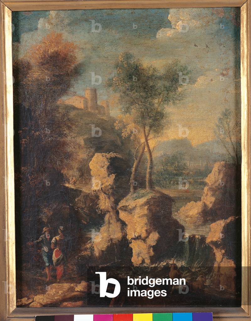 Landscape with Stream, Cascade and Figures, c.1690-1710 (oil on canvas)