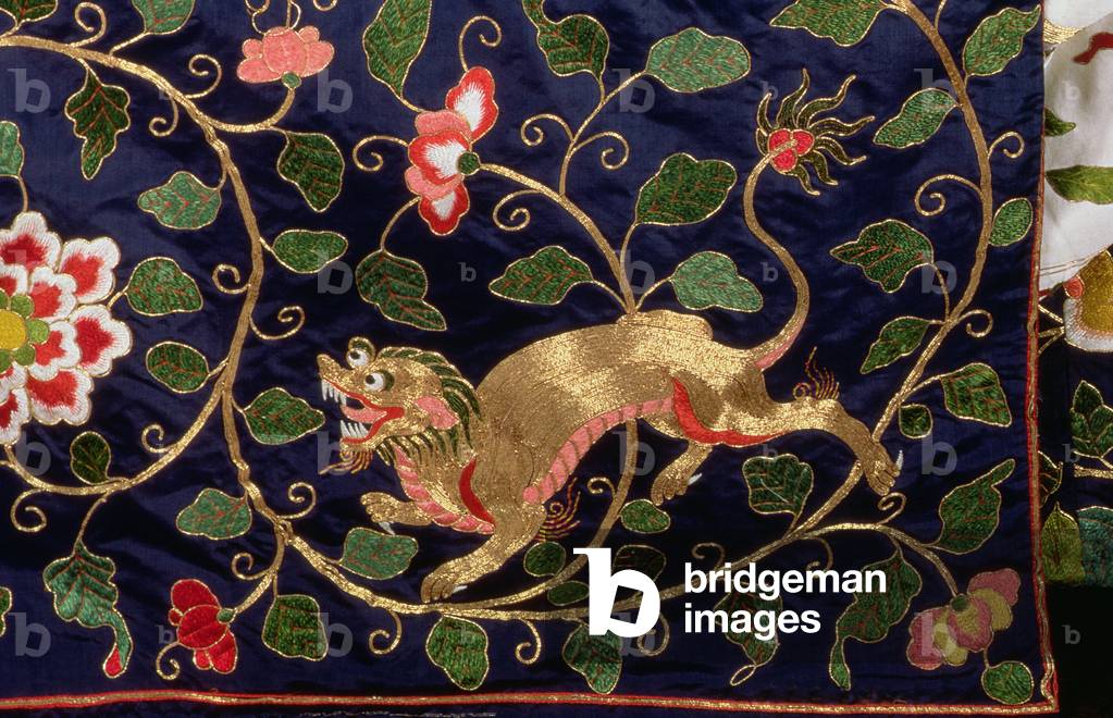 Dragon and stylised flowers and foliage, detail of Chinese embroidery hangings from the state bed (embroidery) (detail of 32321)