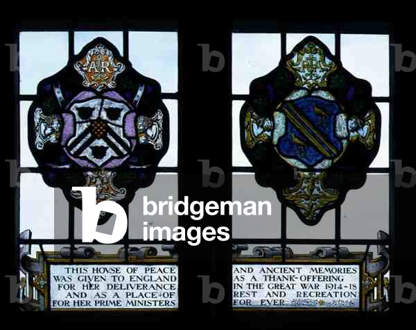 Double window in the Ante Room featuring the arms of Lord and Lady Lee of Fareham (stained glass)