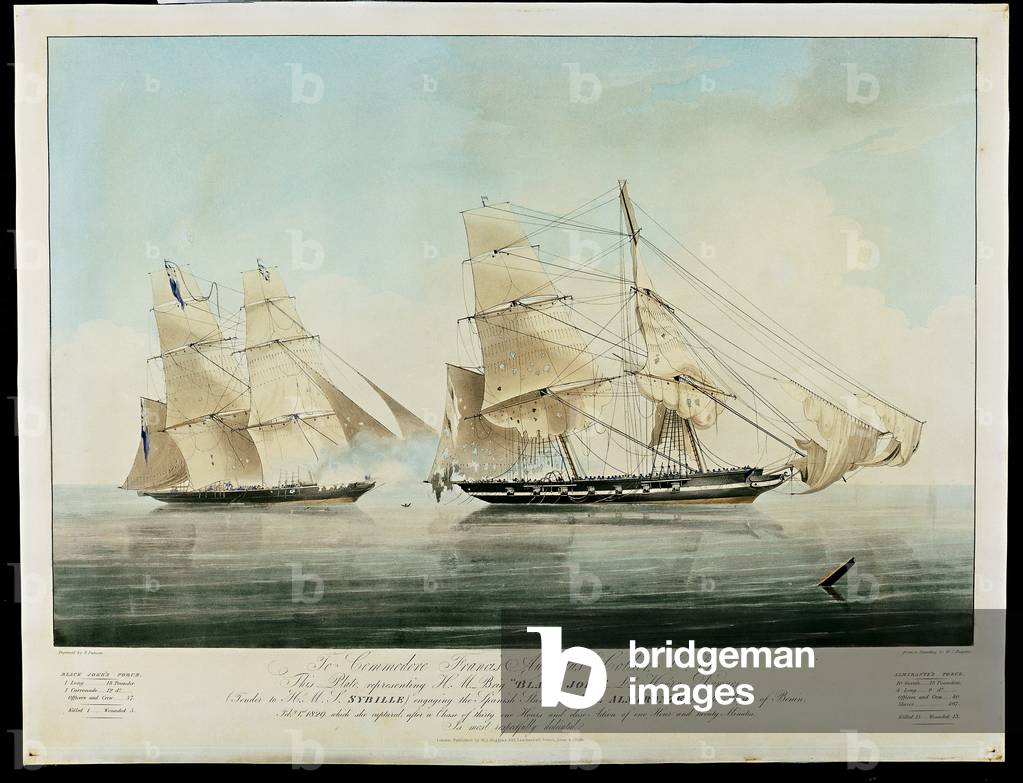 H.M. brig nero scherzo coinvolgendo il spagnolo brig El Almirante, inciso da E. Duncan, 1830 (acquatinta & acq