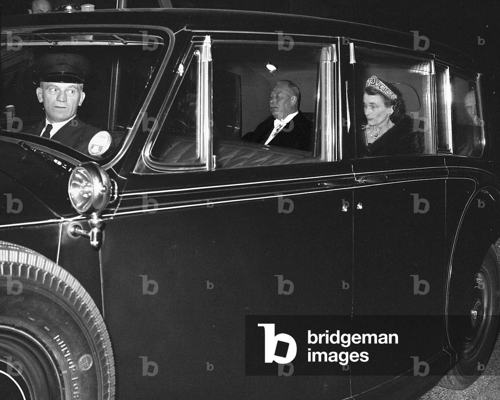 Duke and Duchess of Gloucester leaving a Regimental Dinner at Hyde Park Hotel, London, UK, 1958 (b/w photo)