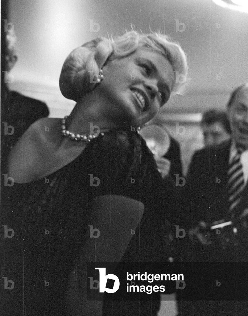 Jayne Mansfield at a Press Conference, Dorchester Hotel, London, UK, 1957 (b/w photo)
