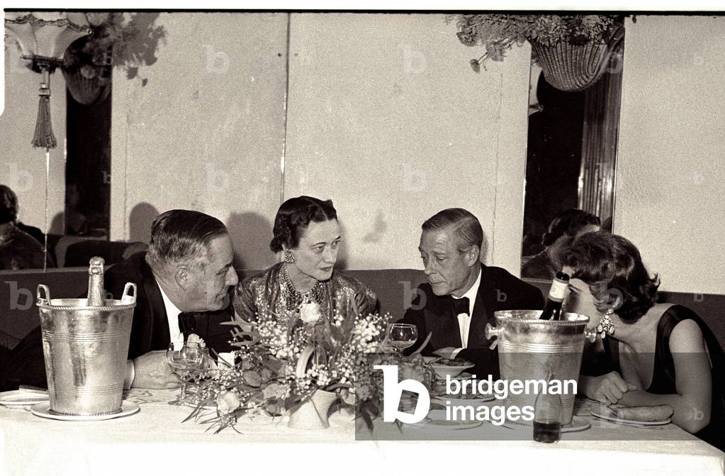 Duke and Duchess of Windsor with the Earl of Dudley (1st left) and an unidentified lady, Quaglino's Allegro Club, London, UK, 1953 (b/w photo)