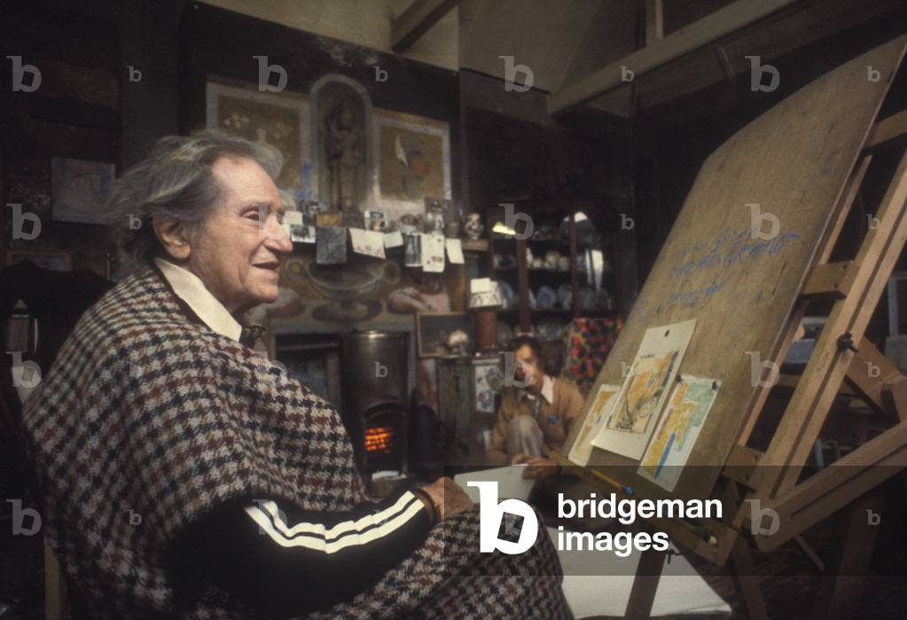 Duncan Grant in his Studio with poet Paul Roche, Charleston, Sussex, UK, 1975 (photo)