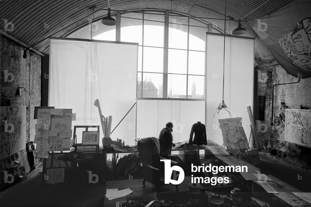 Feliks Topolski in his Studio, London, UK (b/w photo)