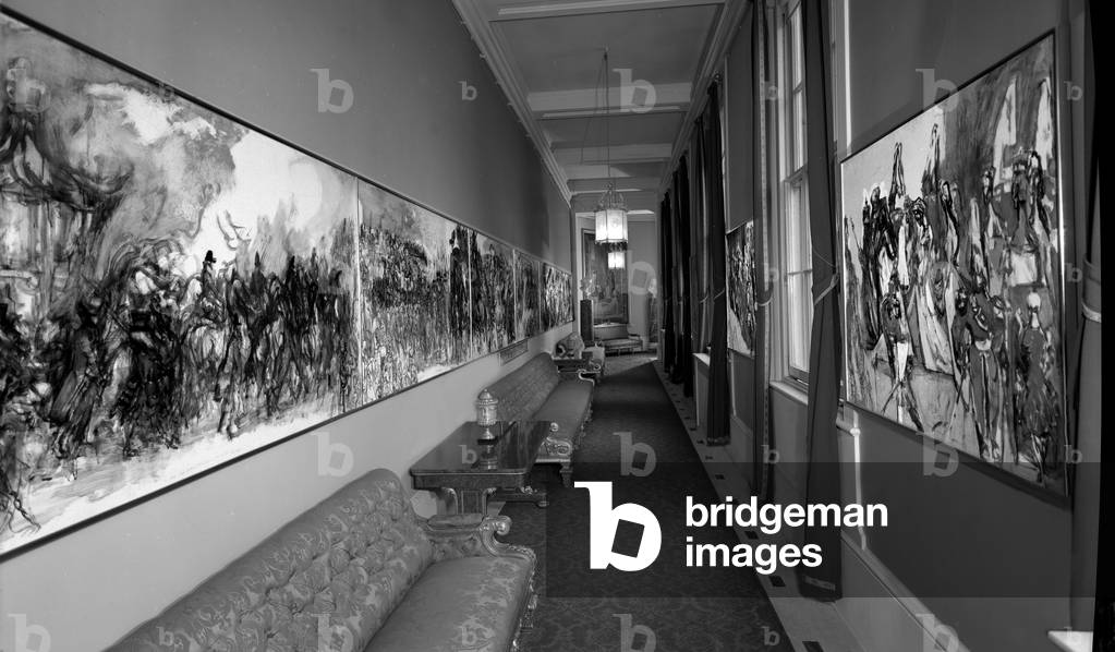 Topolski's Coronation Mural, Buckingham Palace, London, UK, 1976 (b/w photo)