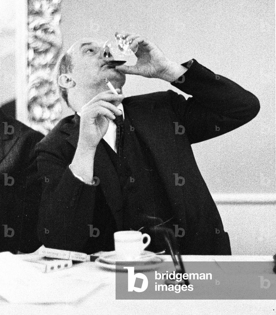 Poet John Betjeman at Literary lunch, Quaglino's, London, UK, 1958 (b/w photo)