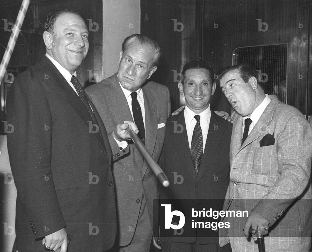 Jack Spot, Bud Abbott, 'Hymie the Chiv' and Lou Costello, Stork Room, London, UK, 1954 (b/w photo)