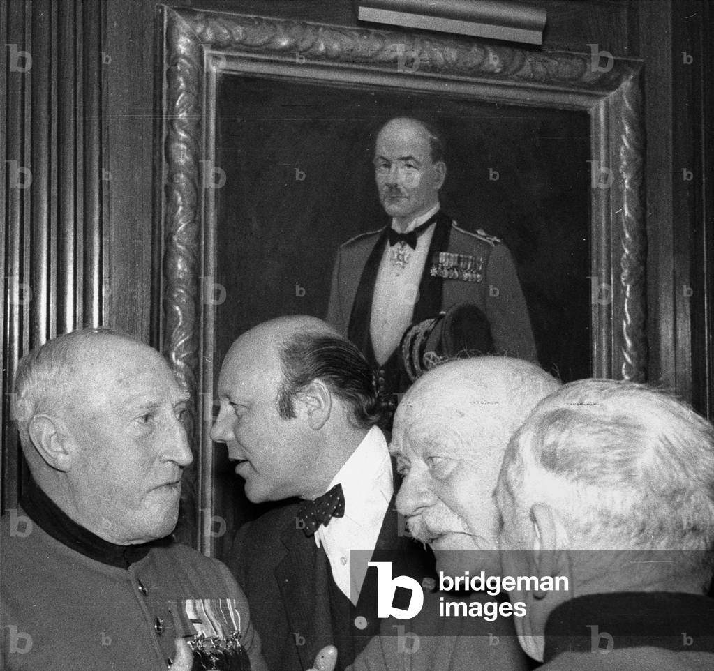 John Spencer Churchill with Chelsea Pensioners, Society Restaurant, London, UK, 1959 (b/w photo)