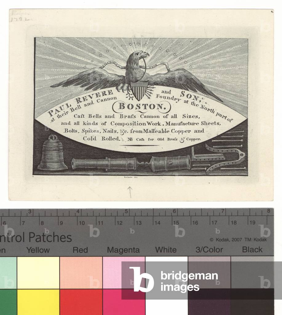 Trade Card for 'Paul Revere and Son', at their Bell and Cannon Foundry, c.1800 (engraving)