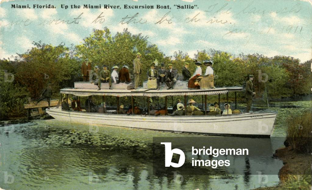 Up the Miami River excursion boat Sallie, c.1910 (colour litho)