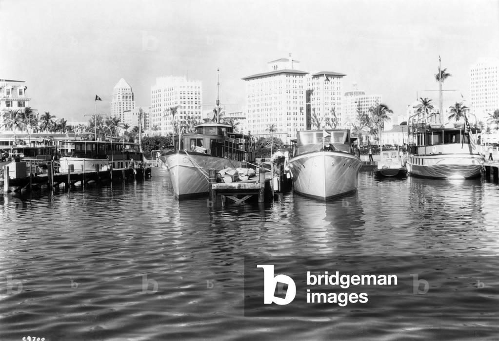 Yachts dock on the north bank of the entrance to the Miami River, c.1930 (b/w photo)
