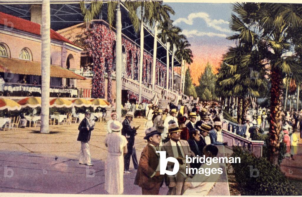 Race day at Hialeah Park, Miami, c.1935 (colour litho)