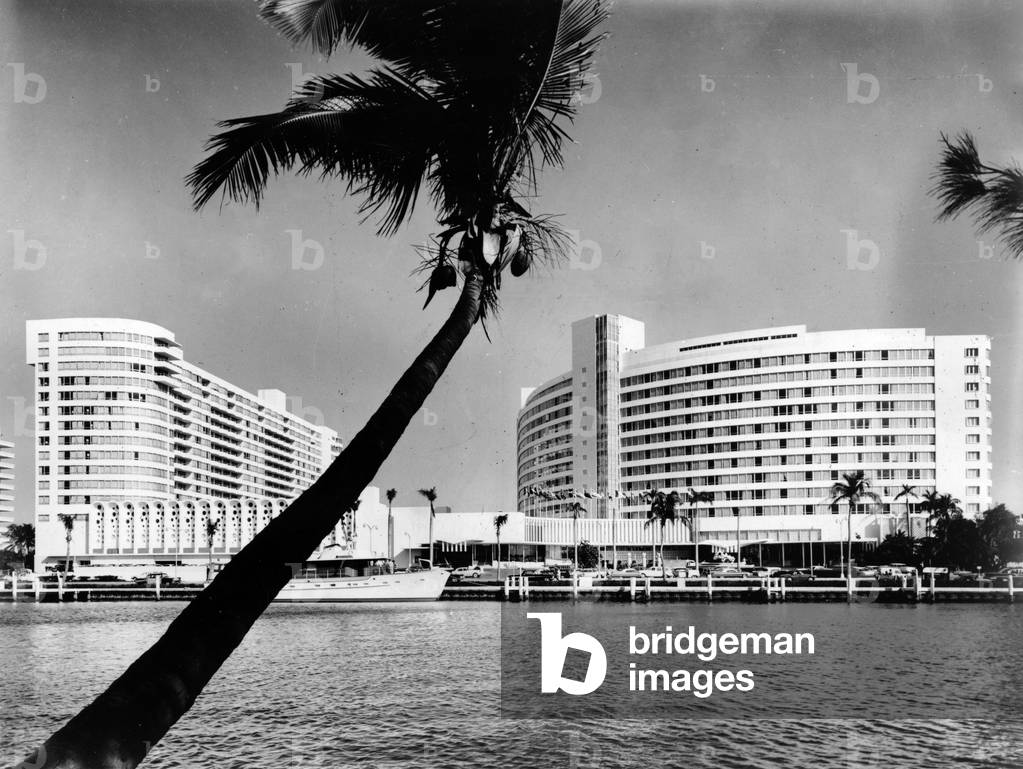 The Fontainebleau Hotel, as seen from Indian Creek, Miami Beach, c.1965 (b/w photo)