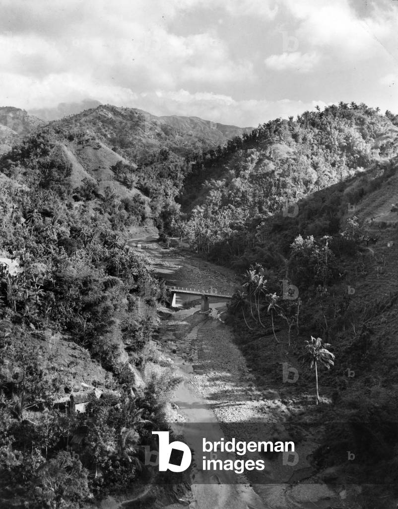 Peaks, valleys and a stream in the Blue Mountains, Jamaica, 1954 (b/w photo)