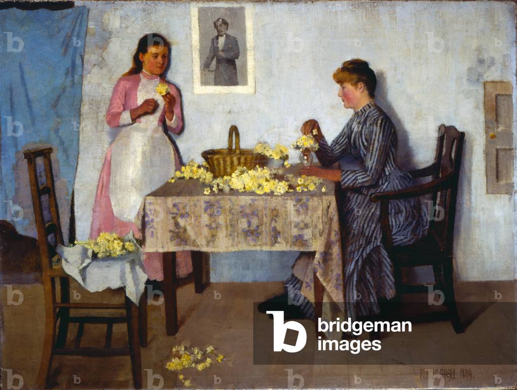 Image of Painting depicting Bundling Primroses, 1889 by Percy Bovill